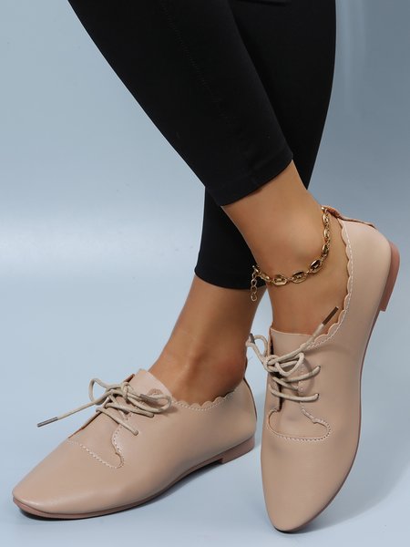 

Khaki Beige Professional Commuter Pointed Toe Lace-Up Flats, Off white, Flats