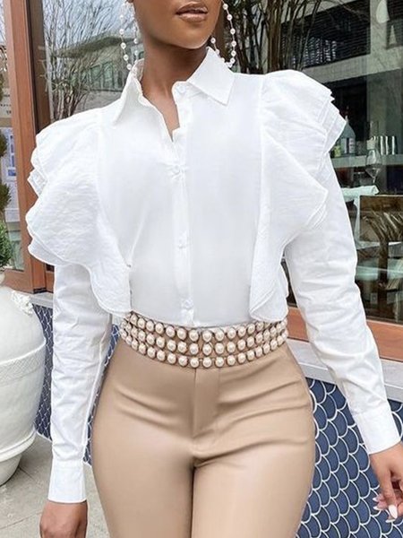 

Shirt Collar Elegant Plain Long sleeve Blouse, White, Blouses and Shirts