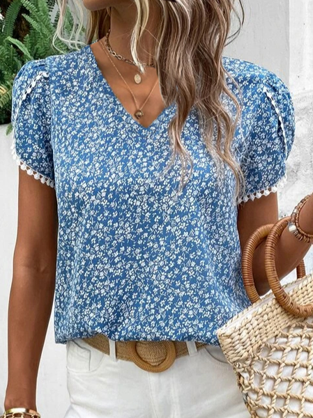 

Floral Loose Boho V Neck Shirt, Blue, Shirts & Blouses