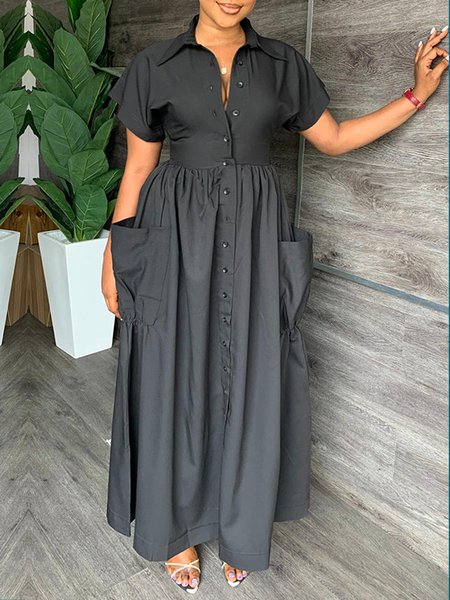 

Shirt Collar Elegant Plain Short Sleeve Pockets Shirt Dress, Black, Maxi Dresses