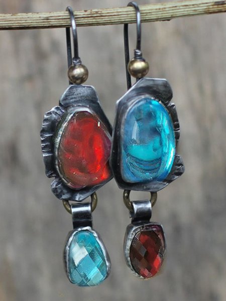 

Vintage Blue Crystal Red Crystal Distressed Metal Earrings Ethnic Women's Jewelry, As picture, Earrings