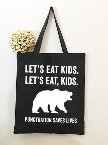 

Women's Funny Word Let's Eat, Kids Crusher Crew Neck Text Letters Shopping Tote, Black, Bags