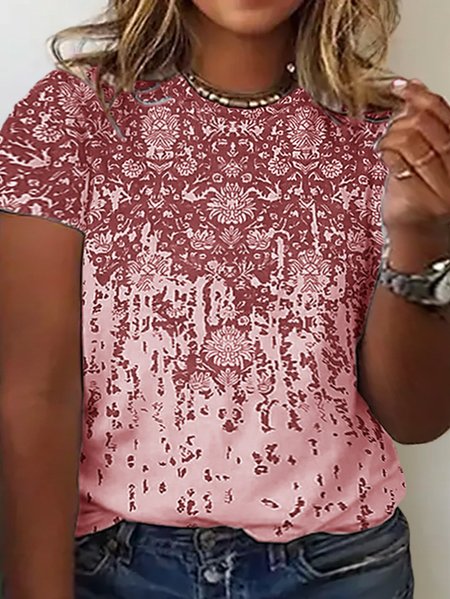 

Plus Size Casual Gradient Ethnic Pattern Loose Jersey T-Shirt, Red, T-Shirts