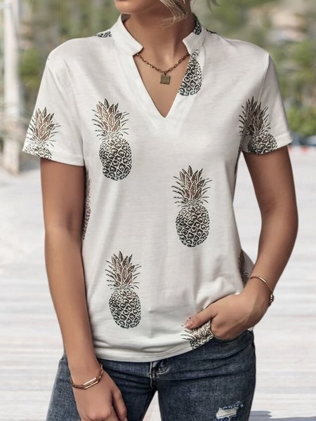 

V Neck Fruit Vacation Loose Pineapple Print Notched Neck T-Shirt, White, T-Shirts