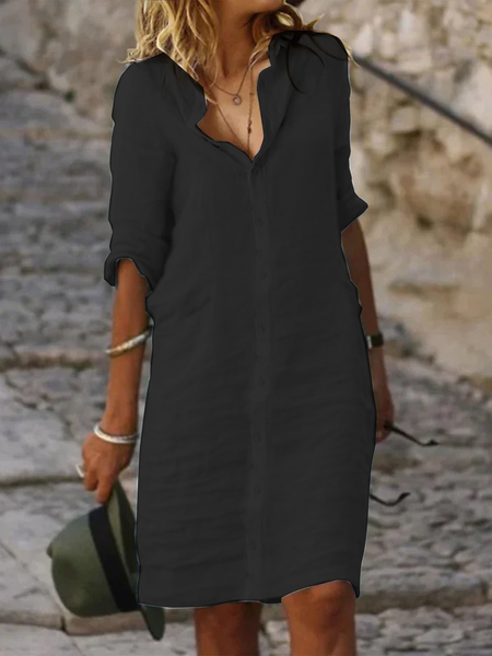 

Cotton And Linen Loose Linen Plain Dress, Black, Short