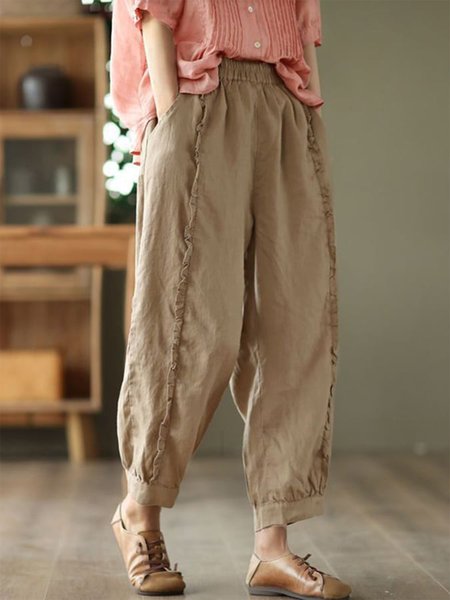 

Cotton Retro Wood Ear Stitching Casual Pants, Khaki, Pants