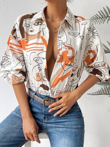 

Urban Loose Shirt Collar Abstract Blouse, Orange, Blouses and Shirts