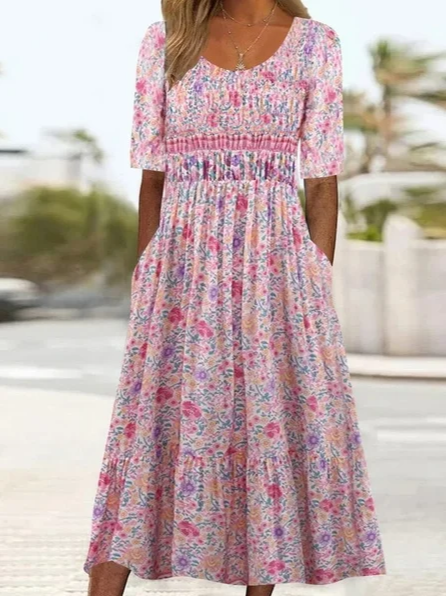 Loose Crew Neck Floral Dress, Pink, Dresses