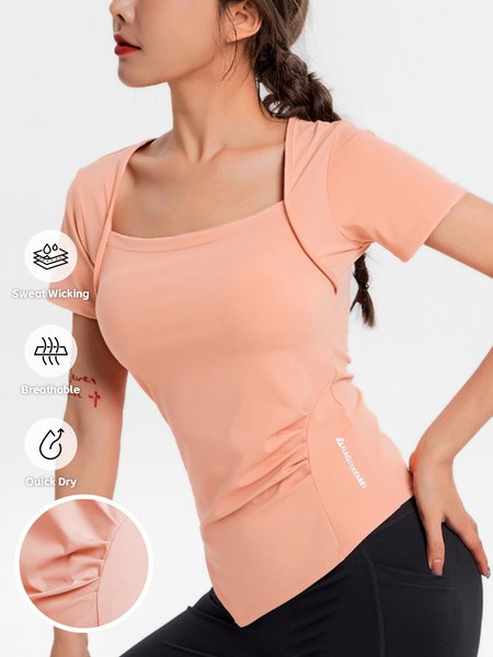 Square Neck Regular Fit Casual Plain T-Shirt, Orange, T-Shirts