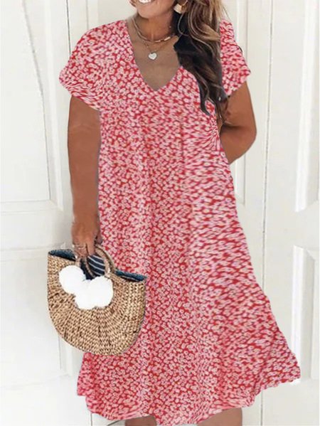

Plus Size V Neck Disty Floral Vacation Loose Dress, Red, Dresses
