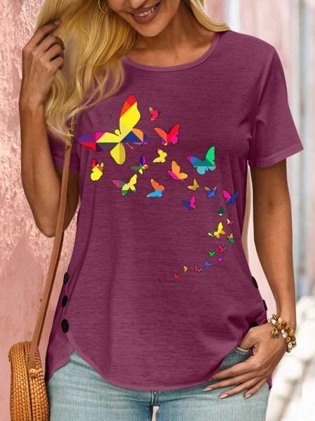 

Women's Butterfly print Casual Cotton-Blend T-Shirt, Wine red, T-shirts