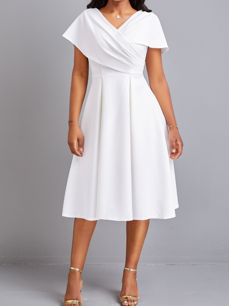 

Umbrella Hem V Neck Short Sleeve White Dress, Formal Dresses