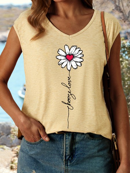

Women's Daisy Choose Love V Neck Casual Floral Tank Top, Khaki, Tank Tops