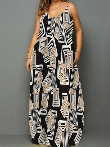 

Geometric Loose V neck Sleeveless Vacation Long Dress, As picture, Maxi Dresses