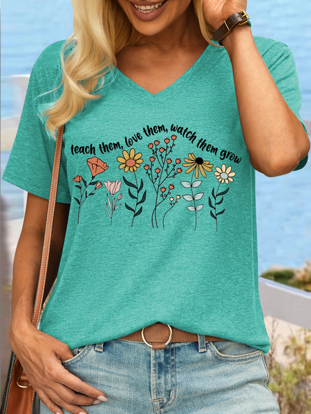 

Women's Wildflowers Love Them Let Them Grow V Neck Casual T-Shirt, Green, T-shirts