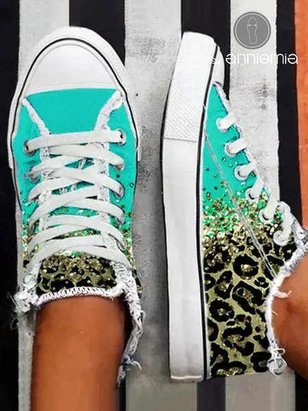 

Contrast Leopard Gradient Fringe Hem Lace-Up Canvas Shoes, Sneakers