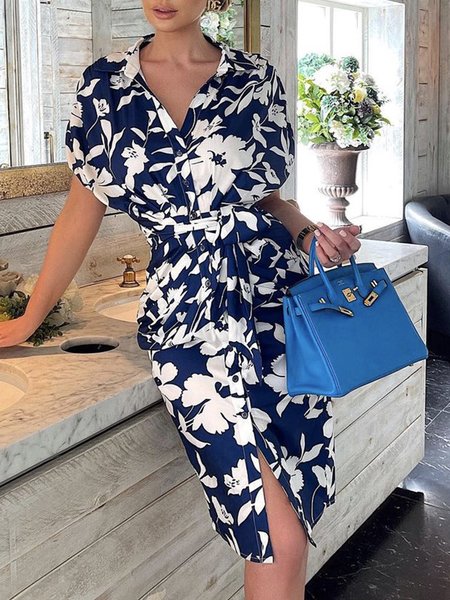 

Regular Fit Elegant Shirt Collar Floral Dress, Blue, Mini Dresses