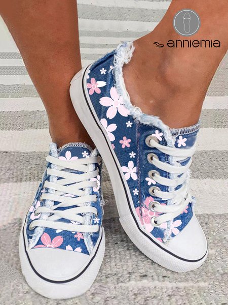 

Cherry Blossoms Fringe Decor Lace-Up Canvas Shoes, Blue, Sneakers