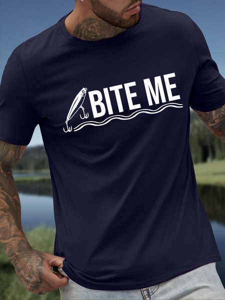 

Men's Bite Me Funny Fishing Enthusiast Graphic Printing Text Letters Cotton Casual Loose T-Shirt, Purplish blue, T-shirts