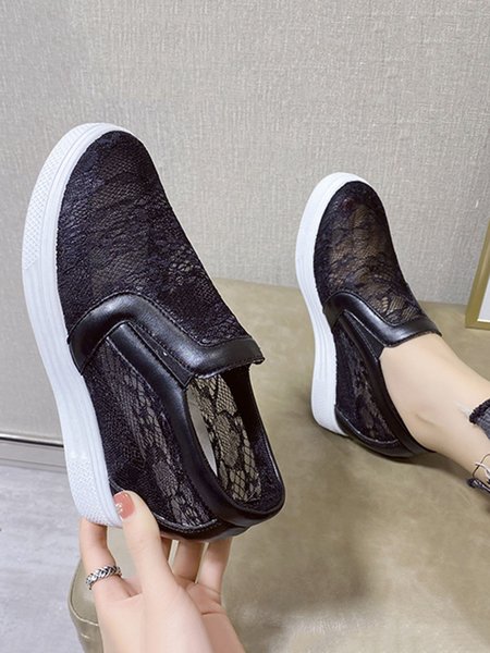 

Breathable Lace Floral Pattern Increased Within Slip-on Shoes, Black, Flats