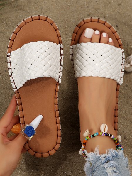 

Beach Braided Leather Upper Straw Sole Slippers, White, Sandals