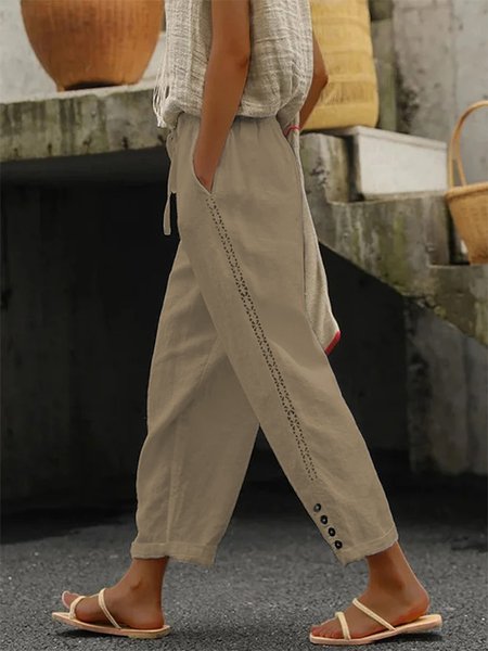 

Plain Lace Edge Buckle Casual Pants, Khaki, Pants