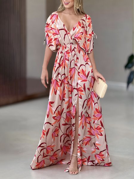 

Floral Vacation V Neck Raglan Sleeves Regular Fit Dress, Red, Maxi Dresses