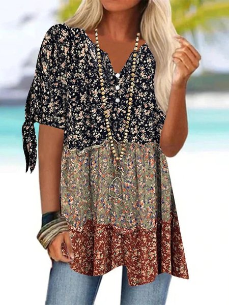 

Casual Ethnic Notched Loose Floral Shirt, Black, Shirts & Blouses
