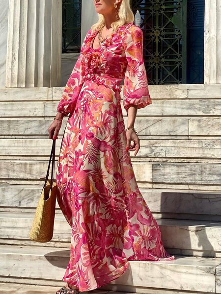 

Regular Fit Vacation V Neck Floral Maxi Dress, Pink, Maxi Dresses