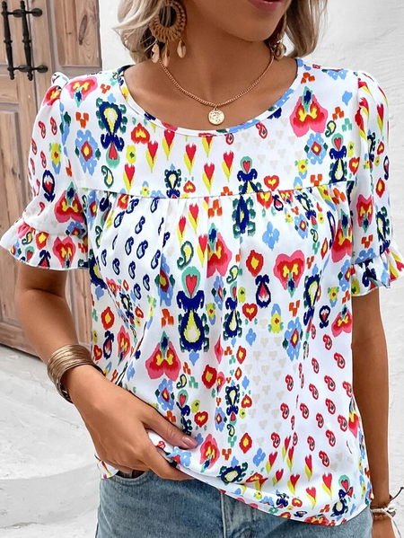 

Vacation Loose Crew Neck Floral Flounce Sleeve Neck T-Shirt, White, Shirts & Blouses