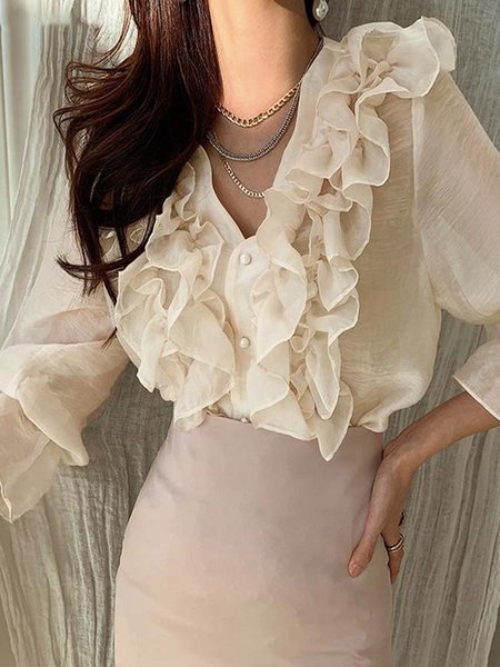 

Daily Plain V Neck Elegant Regular Fit Blouse, Apricot, Blouses and Shirts