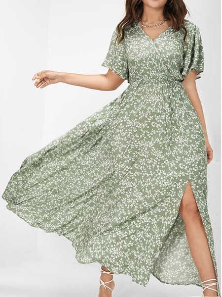 

Summer Floral Casual V Neck Dress, Green, Dresses