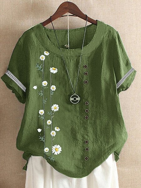 

Small Daisy Short Sleeve Hollow out Lace Crew Neck Buckle Casual Blouse, Green, Blouses & Shirts