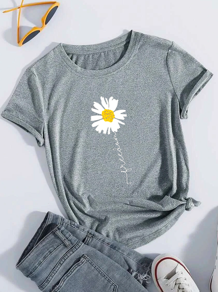 

Women Daisy Floral Letter Graphic Crew Neck Loose Short Sleeve Summer T-Shirt, Gray, Tees & T-shirts