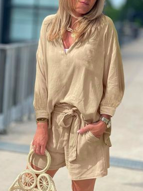 

Linen Plain Casual Loose Two-Piece Set, Khaki, Suits