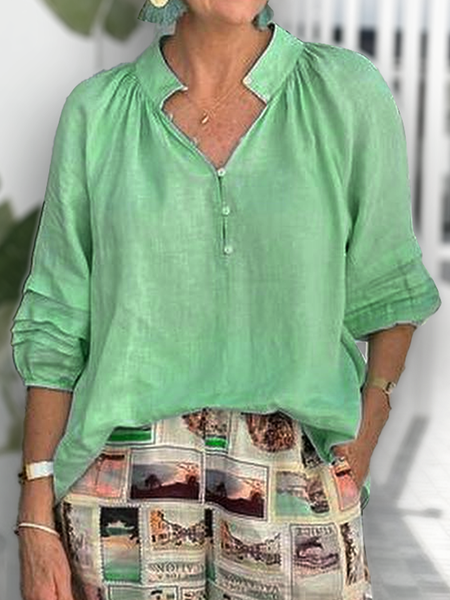 

Loose Linen Cotton And Linen Half Open Collar Shirt, Green, Blouses & Shirts