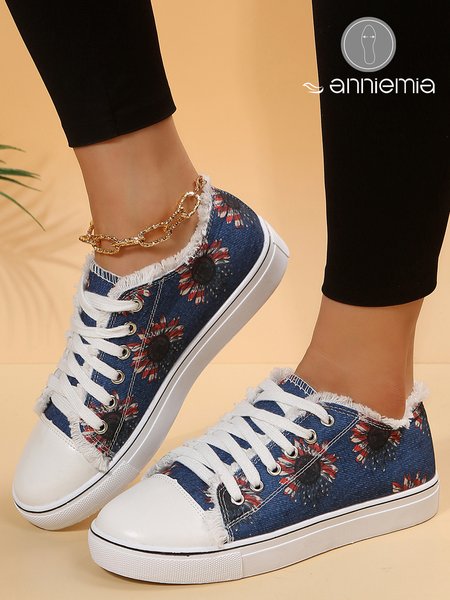 

American Flag Independence Day Sunflower Denim Blue Canvas Shoes, Sneakers