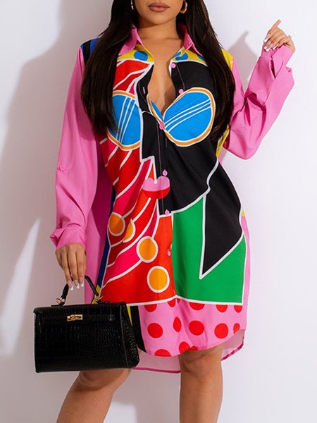 

Urban Abstract Print Shirt Collar Dress, Pink, Mini Dresses