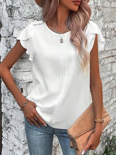 

Women Casual Plain Crew Neck Lace Edge Ruffle Short Sleeve Summer T-shirt, White, Tees & T-shirts