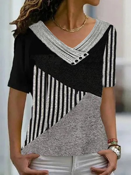 

women's splicing contrast color Split Joint Casual T-Shirt, Black, T-Shirts