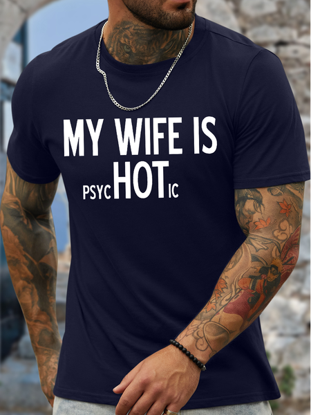 

Men's My Wife Is Psychotic Funny Graphic Printing Loose Text Letters Cotton Casual T-Shirt, Purplish blue, T-shirts