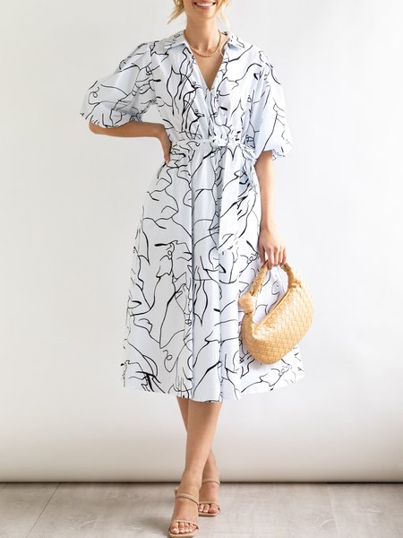 

Shirt Collar Elegant Abstract Regular Fit Dress, White, Midi Dresses