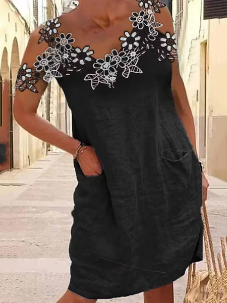 

Loose Linen V Neck Lace Edge Dress, Black, Dresses