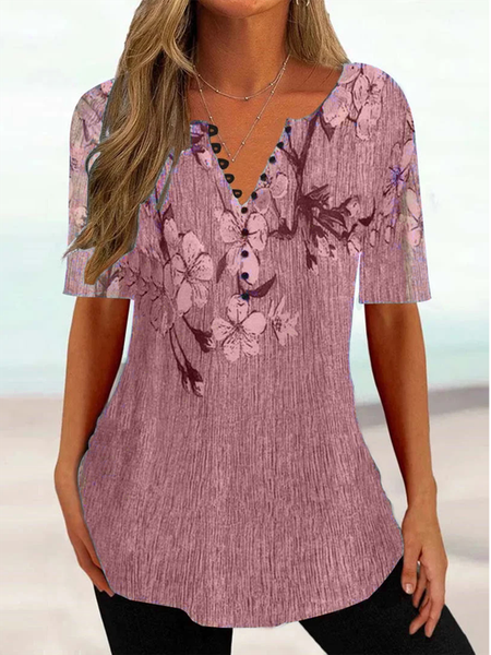 

Women Casual Floral V Neck Button Short Sleeve Tunic Top, Pink, Tunics