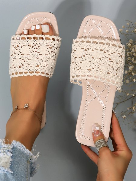 Romantic Lace Resort Style Beach Slippers, Beige, Sandals