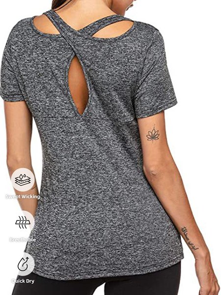 

Yoga clothes women's crewneck top loose ice cool quick dry short sleeve running fitness sports T-shirt, Black, T-Shirts