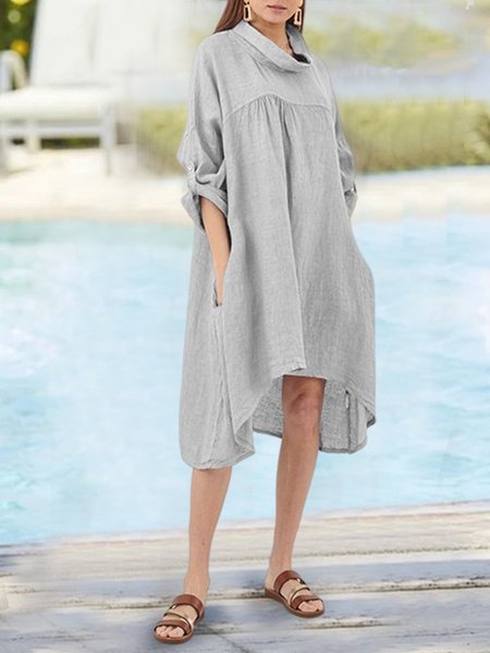 

Linen Loose Crew Neck Plain Dress, Gray, Midi Dresses