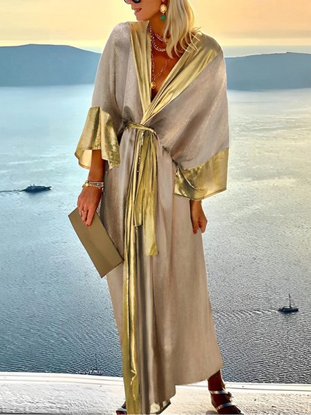 

Loose Vacation Long Color Block Kimono, As picture, Kimonos