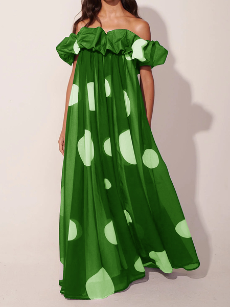 

Polka Dots Loose Short sleeve Cold Shoulder Vacation Long Dress, Green, Maxi Dresses