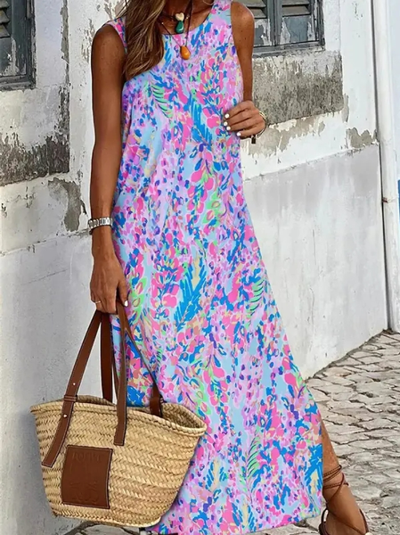 

Vacation Crew Neck Floral Loose Dress, Purple, Dresses